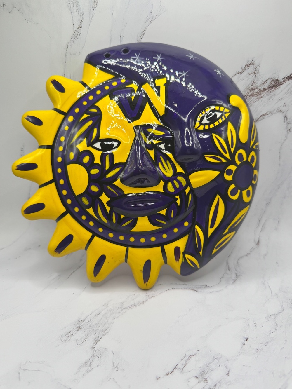 Mexican folk art ceramic sun and moon wall plaque with hand painted UW logo